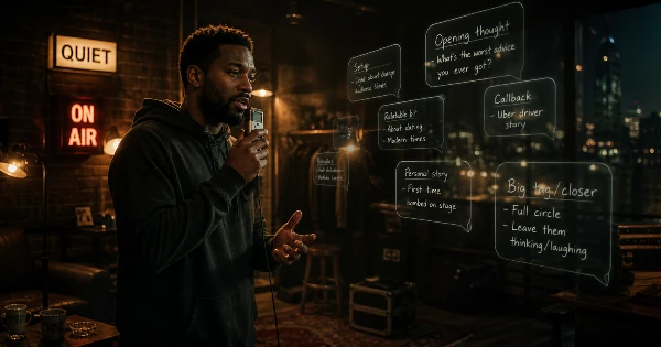 Comedian with microphone, stand-up notes on screen, Quiet and On Air signs visible in dimly lit room.
